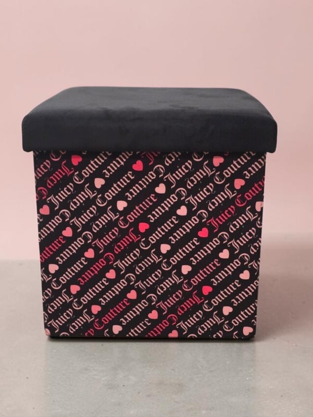 Juicy Couture Black Storage Ottoman with Pink Heart Logo Pattern